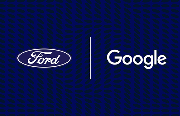 Ford and Google logos next to each other over a blue background